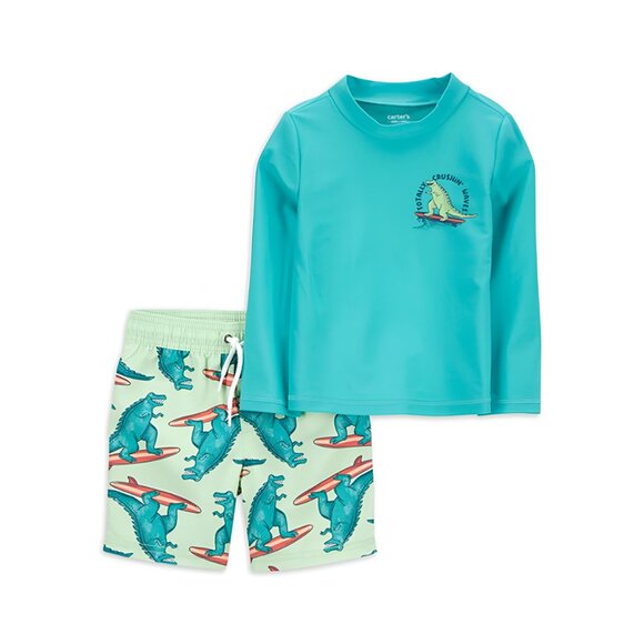 NEW 2Pc 12M Boys Surfing Dino Rashguard & Swim Trunks - Picture 1 of 4